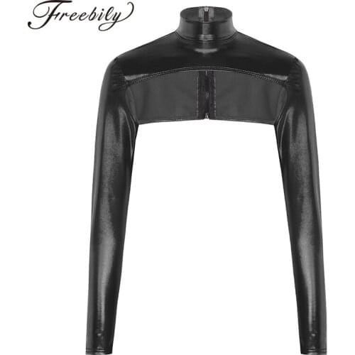 Women Shiny Metallic High Neck Long Sleeves Back Zip Up Shrugs Crop Tops Club Festival Rave Party Performance Jazz Dance Costume