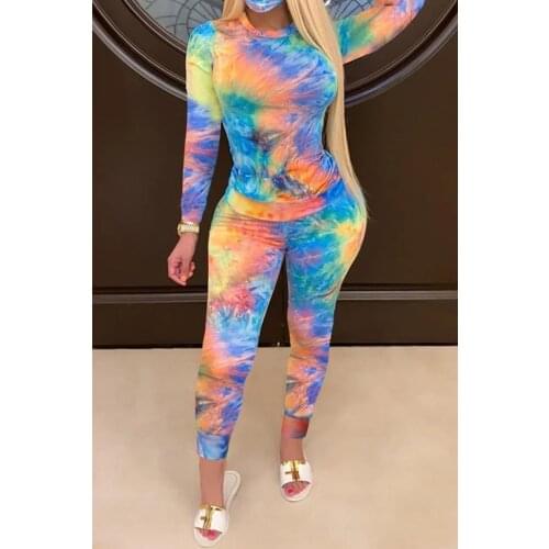Women Tie Dye Long Sleeve Two Piece Sets Female Casual Sportswear 2 Piece Exercise Outfit Tracksuits Plus Size (without mask)