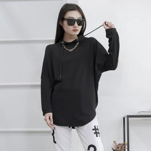 Black Pullover Sweater hooded bat sleeve womens long sleeve Pullover coat loose solid Street size top fashion