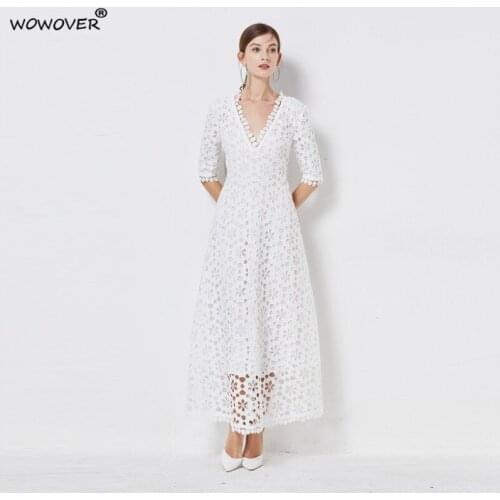 High Quality Hollow Out Embroidery Long Maxi White Lace Dress for Party Women Summer Half Sleeve V Neck Prom Celebrity Vestidos