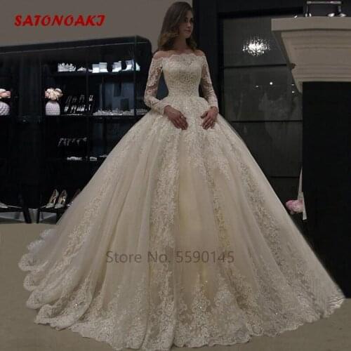 2020 Gorgeous Long Sleeves Lace Wedding Dress Off The Shoulder Ball Gown Appliques Button Back Princesa Bridal Vestido De Novia