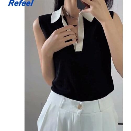 New Women Hit Color Lapel Collar Vest Sweater Vintage Black Camis Sleeveless Fashion Tank Top Autumn Outerwear Summer Top