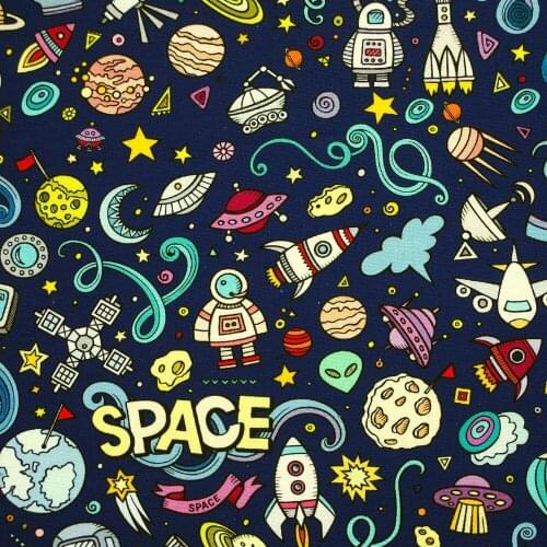 1 yard Cotton Fabric for cloth,handmade,patchwork,bedding - Space Travel(deep navy blue background) (width=110cm)