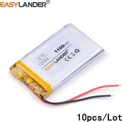 10pcs /Lot 723054 1100mAh 3.7v lithium Li ion polymer rechargeable battery MP3 player GPS navigation tachograph Speaker E-book