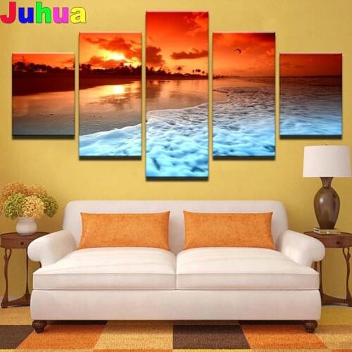 5 Panel Sunset Beach Sea Waves diy diamond painting kits full square round drill diamond embroidery sale wall decoration A185