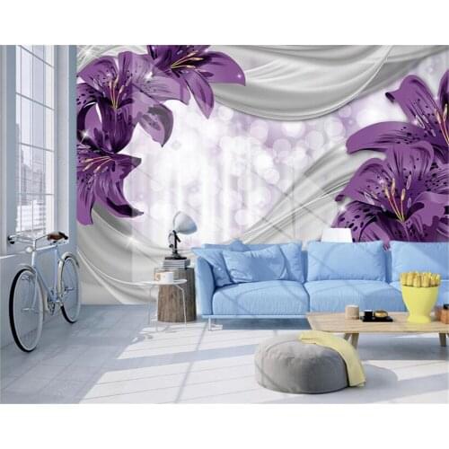 Beibehang Custom purple Lily Flower Silk Wall Mural Photo Wall Landscape Room Wallpaper Living Room Home Decor papier peint