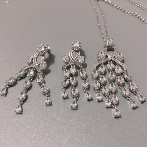 Bilincolor clear crystal cz tassel necklace and earring luxury jewelry set woman wedding brial set