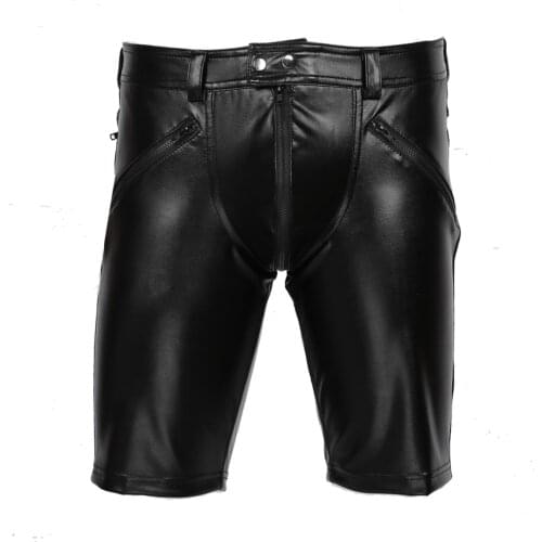 Black Fashion Mens Shorts Sexy Leather Middle Pants Full Zipper Front Button Snap Closure Moto Punk Cocktail cClubwear Costumes