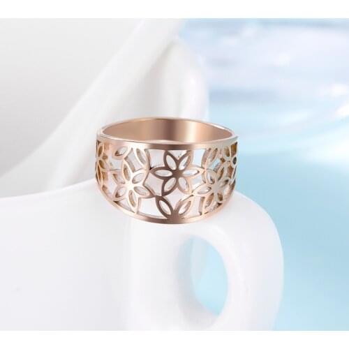 Skyrim Bohemian Flower of Life Ring Women Girls Stainless Steel Elegant Casual Rose Gold Color Rings Jewelry Anniversary Gift