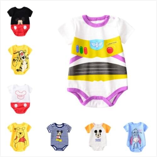 Summer Newborn Baby Short Sleeve Romper Cartoon Toy Story Woody Bass Mickey Pooh Print Boys Girl Infant Costumes Cotton Clothing