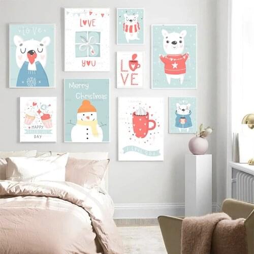 Cartoon Cute Animal Bear Snowman Love Quotes Nordic Painting Wall Art Home Decor Modern Canvas Painting Christmas Decor Poster