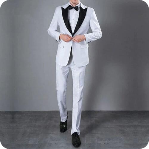 Custom Made White Men Suits Black Peaked Lapel Groom Wedding Suit Tuxedo 2 Piece Jacket Pants Best Men Blazer Costume Homme