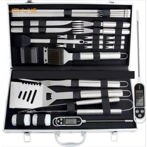 JOYLIVE Stainless Steel BBQ Tools 26Pcs Set Barbecue Utensil Accessories Camping Outdoor Cooking Tools Kit With Aluminum Box