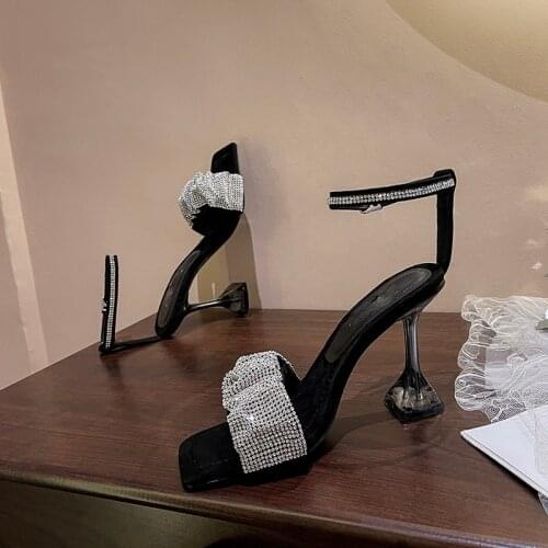 2021 Summer New Square Toe Slippers Rhinestone Stiletto Heels Banquet Sandals