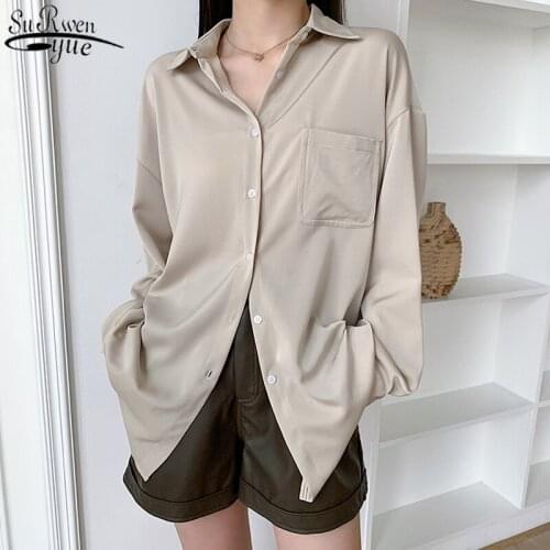 Autumn Fashion Clothing Women Shirts Blouses Office Lady Solid Shirt Polo Collar Korean Loose Long Blouse Womans Shirts 11307