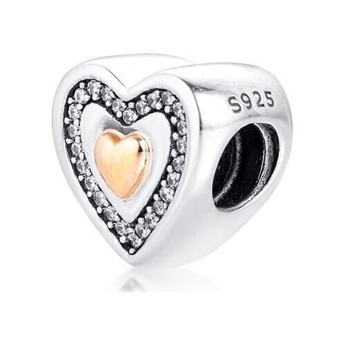 Fits for Pandora Charms Bracelets Heart Beads with Clear CZ 100% 925 Sterling Silver Jewelry Free Shipping