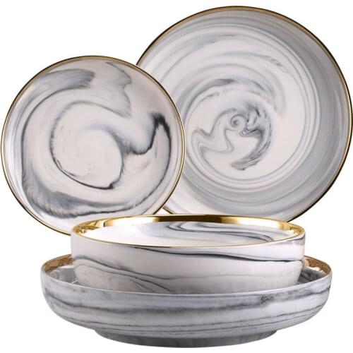 Nordic Style Tableware Marble Bowl Plate Bowl Set Snack Plate Ceramic High-end Noodle Bowl Phnom Penh Bowl Set Plates Dinner