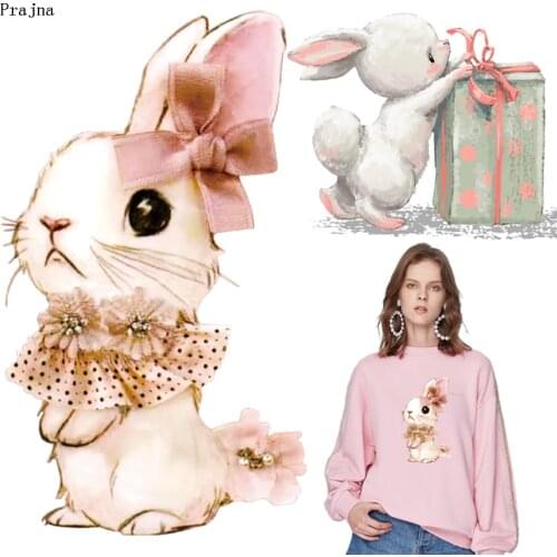 Prajna Lovely Rabbit Patch Heat Transfer Vinyl Iron On Transfer For Clothes Cartoon Badge Stickers Applique A Level Washable DIY