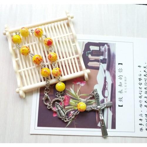 QIGO Yellow Glass Beads Bracelets Catholic Vintage Cross Rosary For Men Women Religious Jewelry