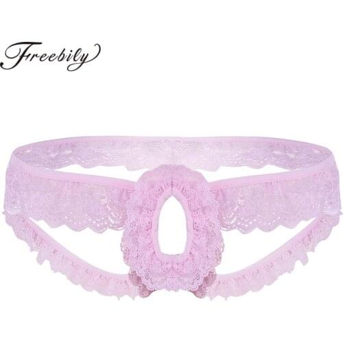 Hot Mens Lingerie Gay Sexy Panties Lace Frilly Sissy Panties Crotchless Open Back Briefs Underwear Underpants with Open Hole