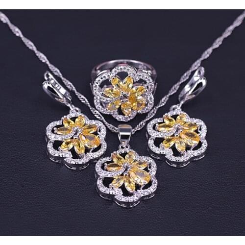 Sparking Yellow Tulip Square Silver Color Jewelry Set For Women Romantic Present For Women Ring Necklace Earrings Set