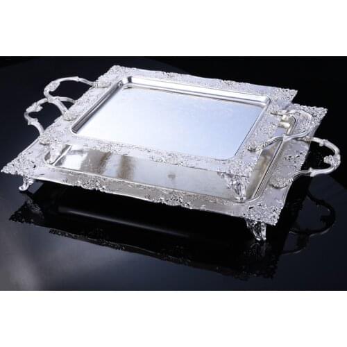 Fashion Rectangle Silver Metal Serving Tray Decorative Fruit Handle Cutlery Drainer Decorative Storage Trays for Wedding FT018