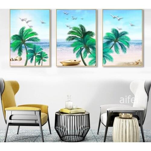 Fresh Beach Coconut Tree Sea Landscape Canvas Painting Minimalist Nordic Poster Seascape Wall Art Pictures For Living Room Decor