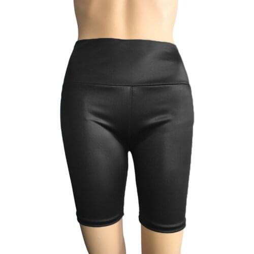 TENTEN Women High Waist Short Pants Womens Short Leggings Knee Length Biker Short Women Summer Slim Stretch Legging PU Coating