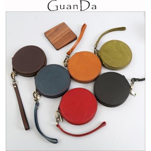 Vintage Luxury Unisex Genuine Leather Round Coin Pouch Womens Purse Wallet with Wristlet Lanyard