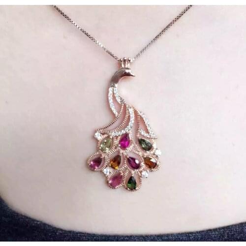 Natural multicolor tourmaline pendant S925 silver Natural garnet Pendant Necklace trendy Lovely peacock women fine jewelry