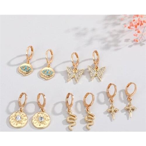 1 Pair Crystal Animal Evil Eye Earrings For Women Vintage Punk Cross Snake Butterfly Irregular Geometric Hoop Earrings Jewelry