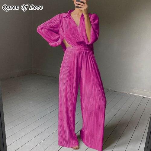 2021 Autumn Winter Fashion Elegant Pleated Pant Suit Outfits Loose 2 Piece Women Long Sleeve Shirt Wide Lef Pants Matching Set
