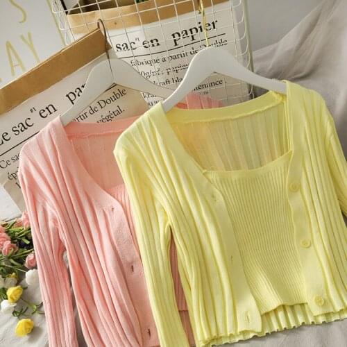 Sweet And Fashionable 2-piece Womens 2021 Summer Vertical Stripe Slim Knit Top With Short Vest