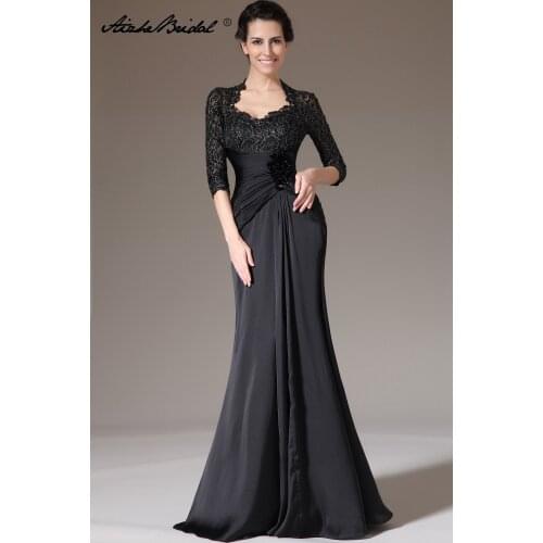 Long Formal Womens Dresses Scoop Mermaid Black Chiffon Lace Vestidos Madre De La Novia Mother Gown