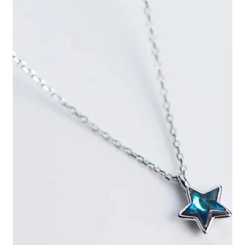 Fresh Blue Crystal Cute Star Mini 925 Sterling Silver Clavicle Chain Temperament Trendy Female Necklace SNE154