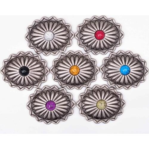 10pcs Antique Silver Southeast Tribal Flower Turquoise Oval Concho For Hatband Leathercraft Saddle Bridle Handbag Belt Decor