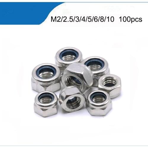 100pcs Nylon Lock Nut 304 Stainless Steel Hex Hexagon Locknut M2 M2.5 M3 M4 M5 M6 M8 M10 M12 M14 M16 M20 M24 Nylon Nut DIN985