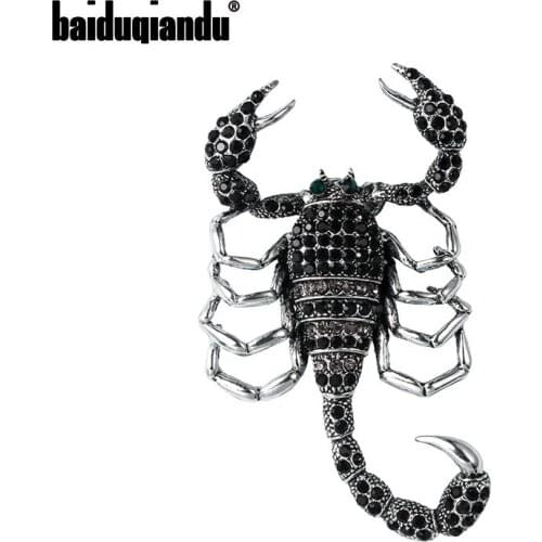 Baiduqiandu Vintage Style Antique Silver Color Plated Metal Black Rhinestones Scorpion Brooches for Men