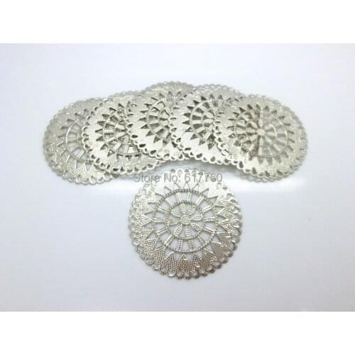 Free shipping-50Pcs Embellishment Findings Round Connectors DIY Jewelry Findings Silver Tone Hollow Flower Pattern 5.5cm Dia