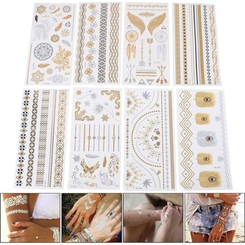 Glitter Tattoo Fake Tatoo Retro Hot Stamping Silver Gold Tattoo Sticker Temporary Tatto For Men Girl Party Body Home Decoration