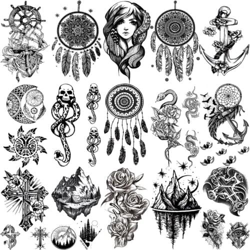 Black Henna Dream Catcher Temporary Tattoos For Women Adult Girls Cross Anchor Snake Mountain Fake Tattoo Neck Arm Hands Tatoos