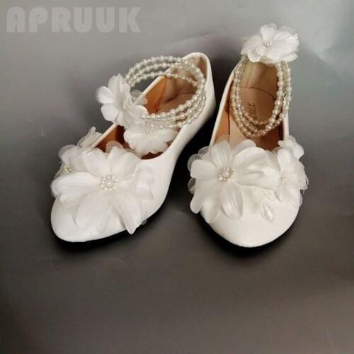 Flower wedding flats shoes plus size handmade white pearls anklet sweet flower girl dancing party ceremony proms dress shoe