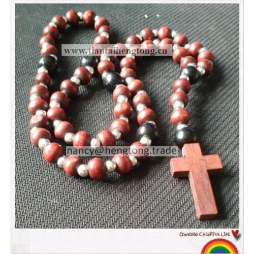 Wooden rosary, religious necklace rosary, brown beaded, cross necklace