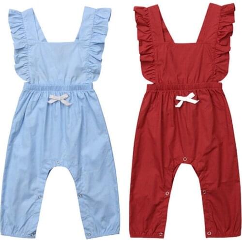 Baby Girls O-Neck Sleeveless Full Length 100% Cotton Solid Color Side Flowers Design Casual Fashion Pants Rompers