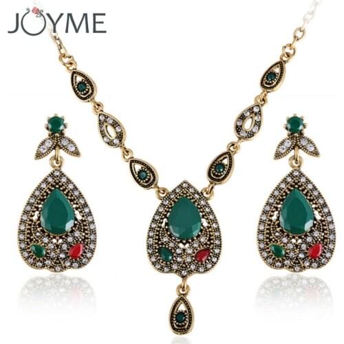 Elegant Turkish Jewellery Set Pear Jewelry White Crystal Green Wedding Necklace Earring Sets For Women Bohemian Ladies Bijoux