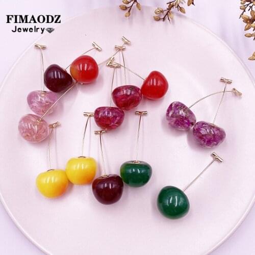 FIMAODZ Pink Cherry Drop Earrings Simulation Cute Fruit Earrings Cherry Blossom Flower Geometric Jewelry For Lady Girls