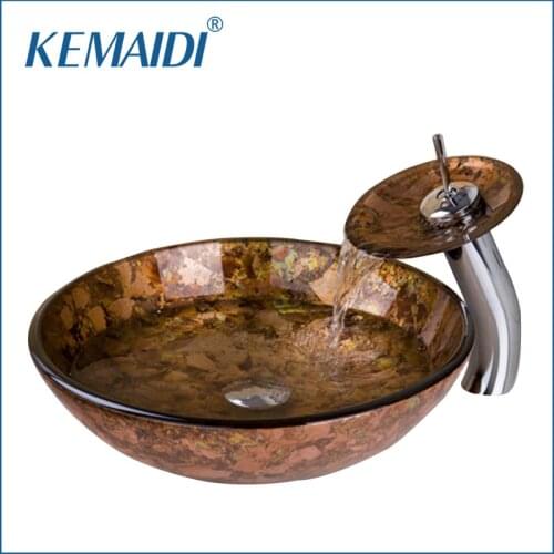 KEMAIDI New Round Bathroom Sink Washbasin Glass Hand-Paint +Waterfall Tap Lavatory Bath Combine Brass Set Tap Mixer Faucet Drain