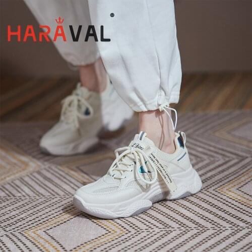 HARAVAL Spring Autumn Sneaker Shoes Women Comfortable Lace Up Genuine Leather Fashion White Patchwork Cotton Fabric Female A223