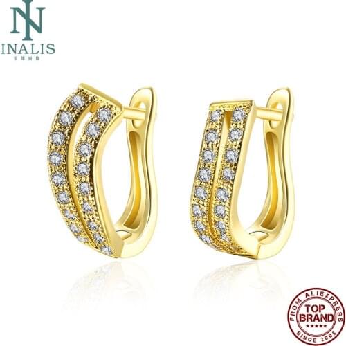 INALIS Copper Clip Earrings For Women Golden Double Row Inlaid Zircon Anniversary Earring Fashion Trend Simple Jewelry Hot Sale