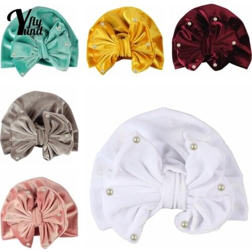 Yundfly Fashion Pearl Bowknot Baby Indian Hat Solid Color Handmade Bows Newborn Cap Comfortable Warm Infant Headwear Photo Props